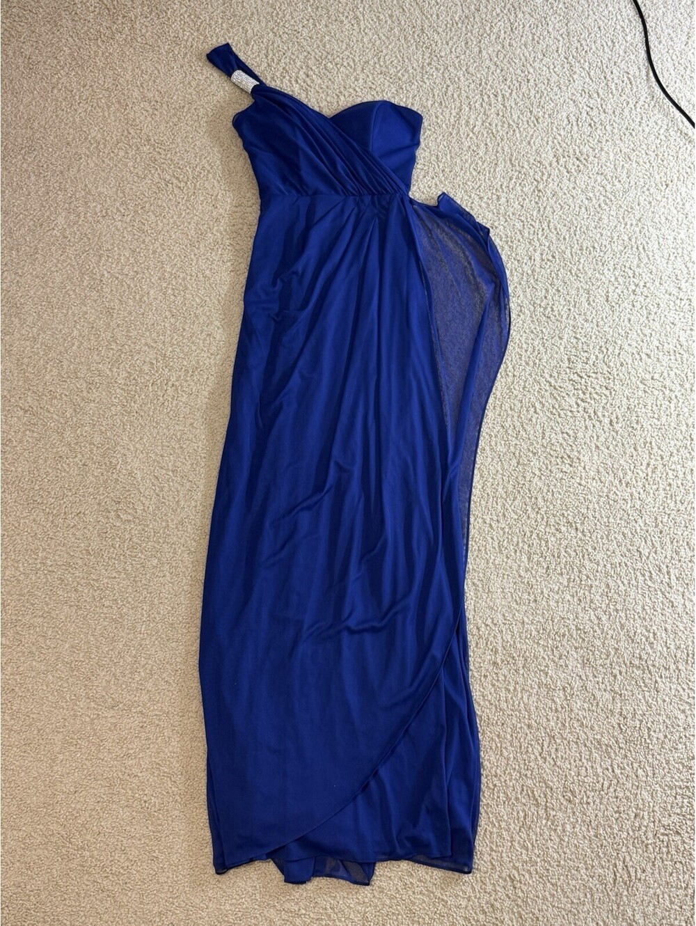 XSCAPE Size 0 Royal Blue One Shoulder Rhinestone Formal Evening Maxi Gown